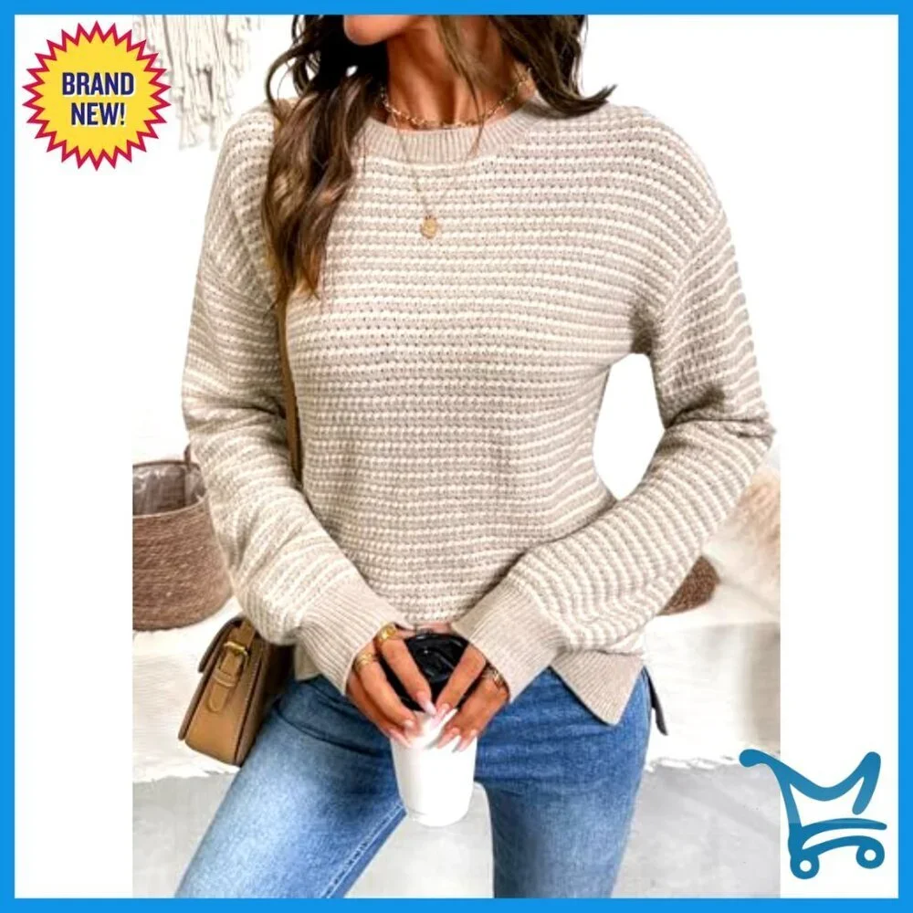 Long Sleeve Crewneck Striped Pullover Sweater Side Split Y2K Chic Casual